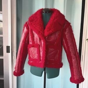 NWT 7 For All Mankind Red Vegan Leather Crop Jacket W/ Red Faux Shearling Sz M